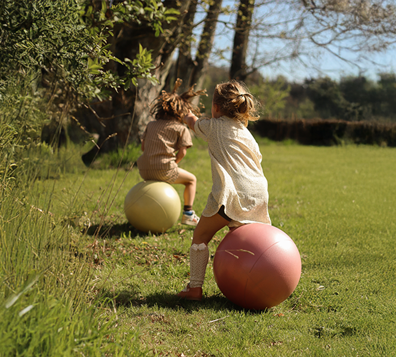 Two children playing on bouncy balls from Find That Hippo in a sunny green field