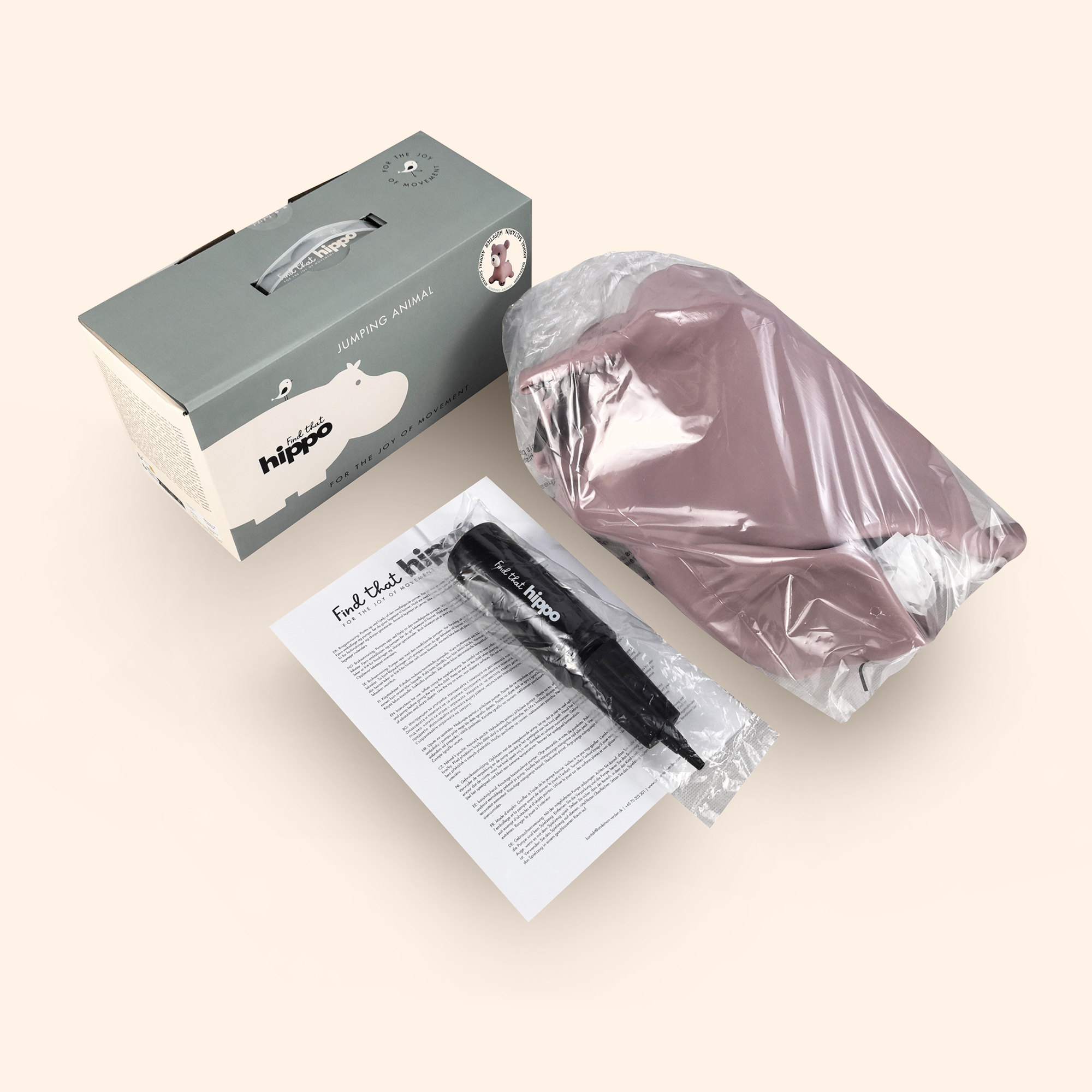 Packaging of Maya the bouncing bear toy with branded box and included pump – Find That Hippo