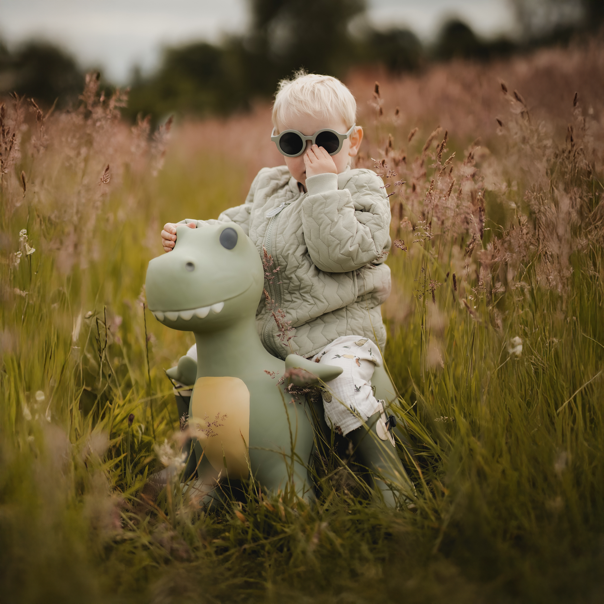 Child riding sage green bouncing dinosaur toy Dexter on a grassy field – Find That Hippo
