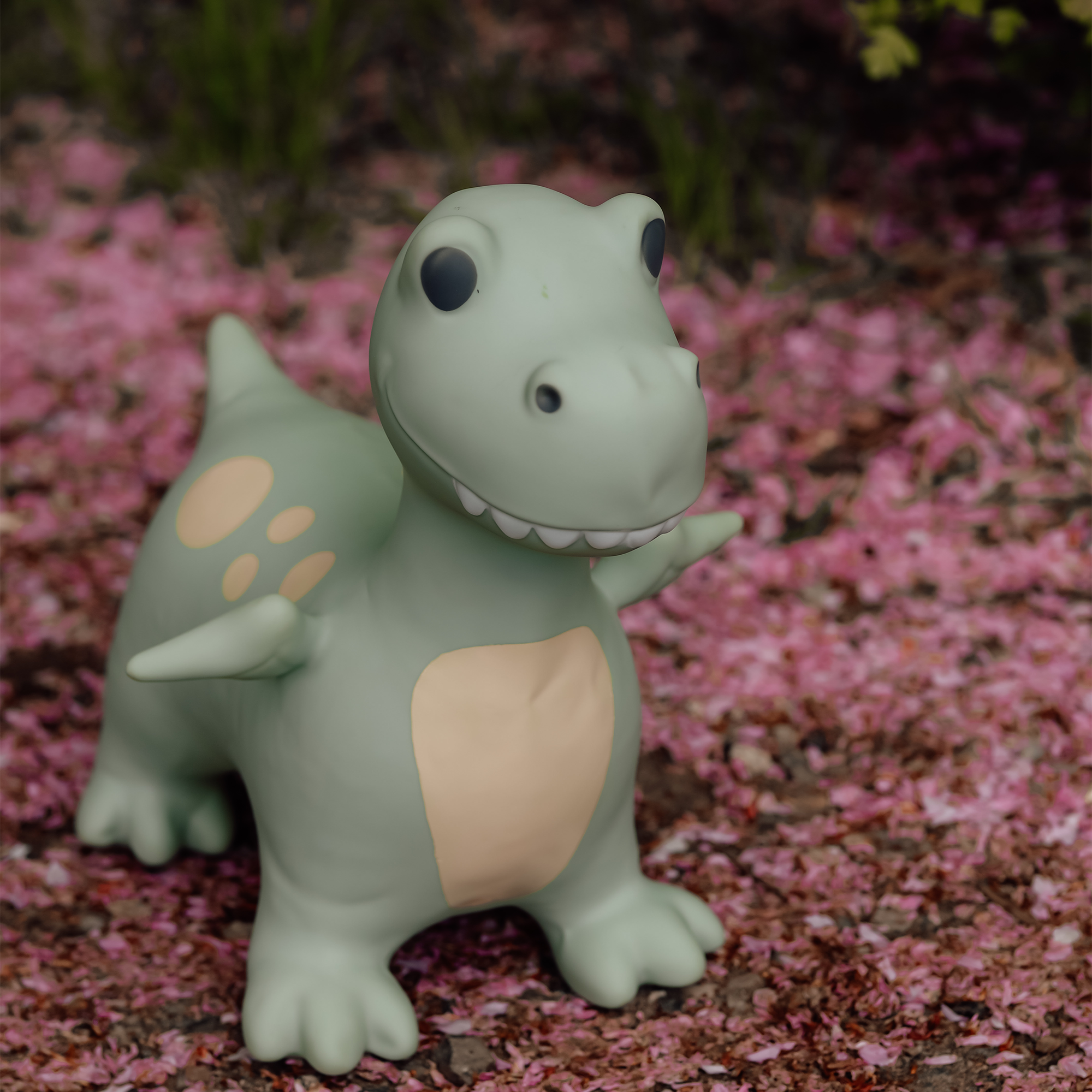 Close-up of Dexter bouncing dinosaur toy on pink gravel background – Find That Hippo