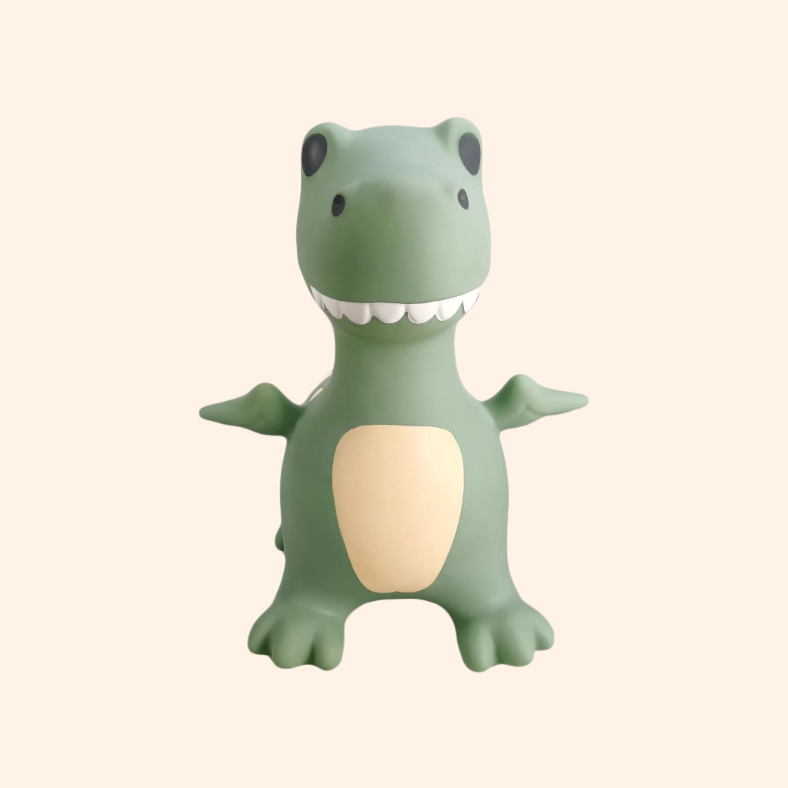 Front view of Dexter sage green dinosaur bouncing toy with visible details – Find That Hippo