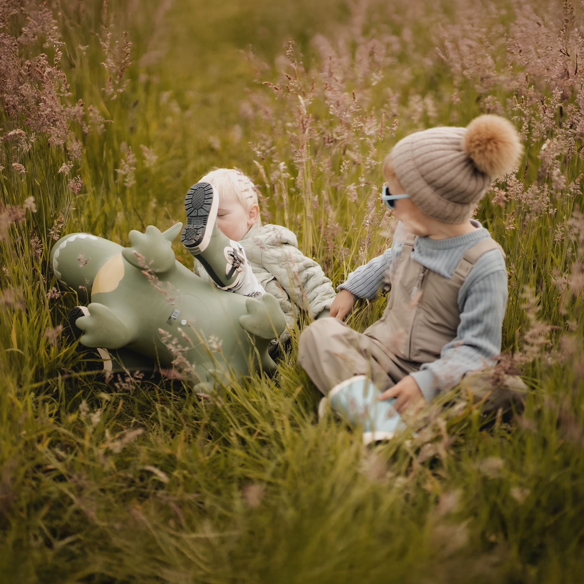 Two children playing in grass with Dexter the sage green bouncing dinosaur toy – Find That Hippo