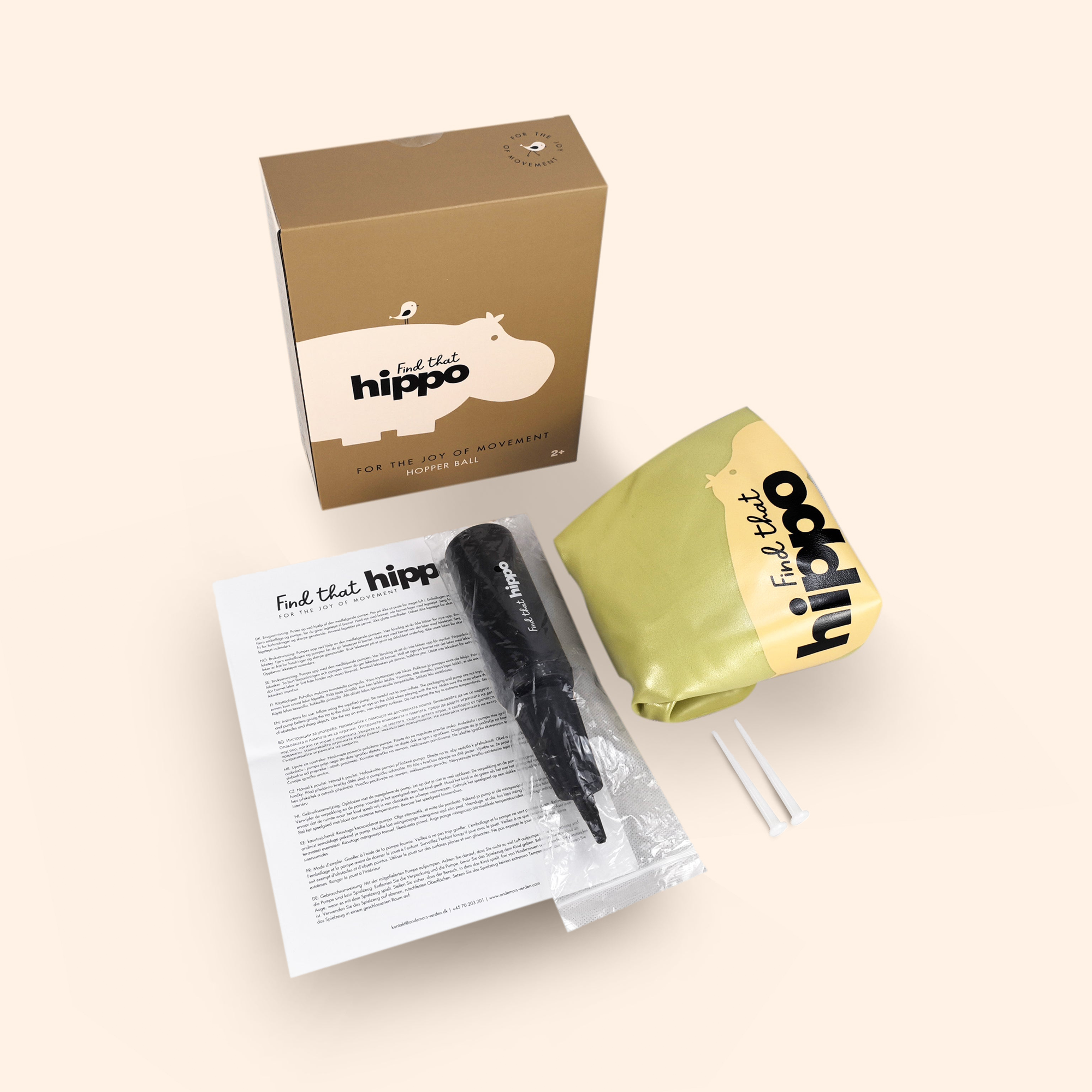Product packaging of yellow jumping ball with branded box, instructions, and pump – Find That Hippo
