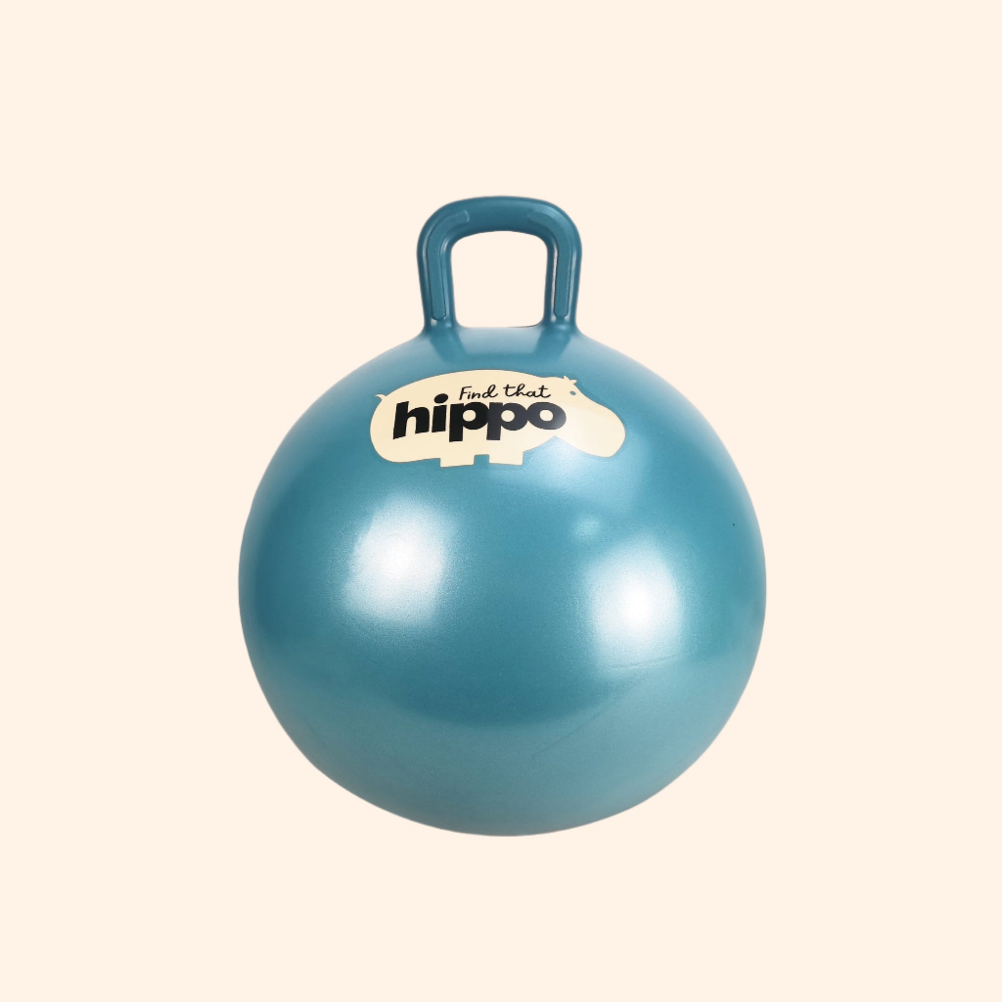 Front view of petrol blue bouncing ball showing logo and handle – Find That Hippo