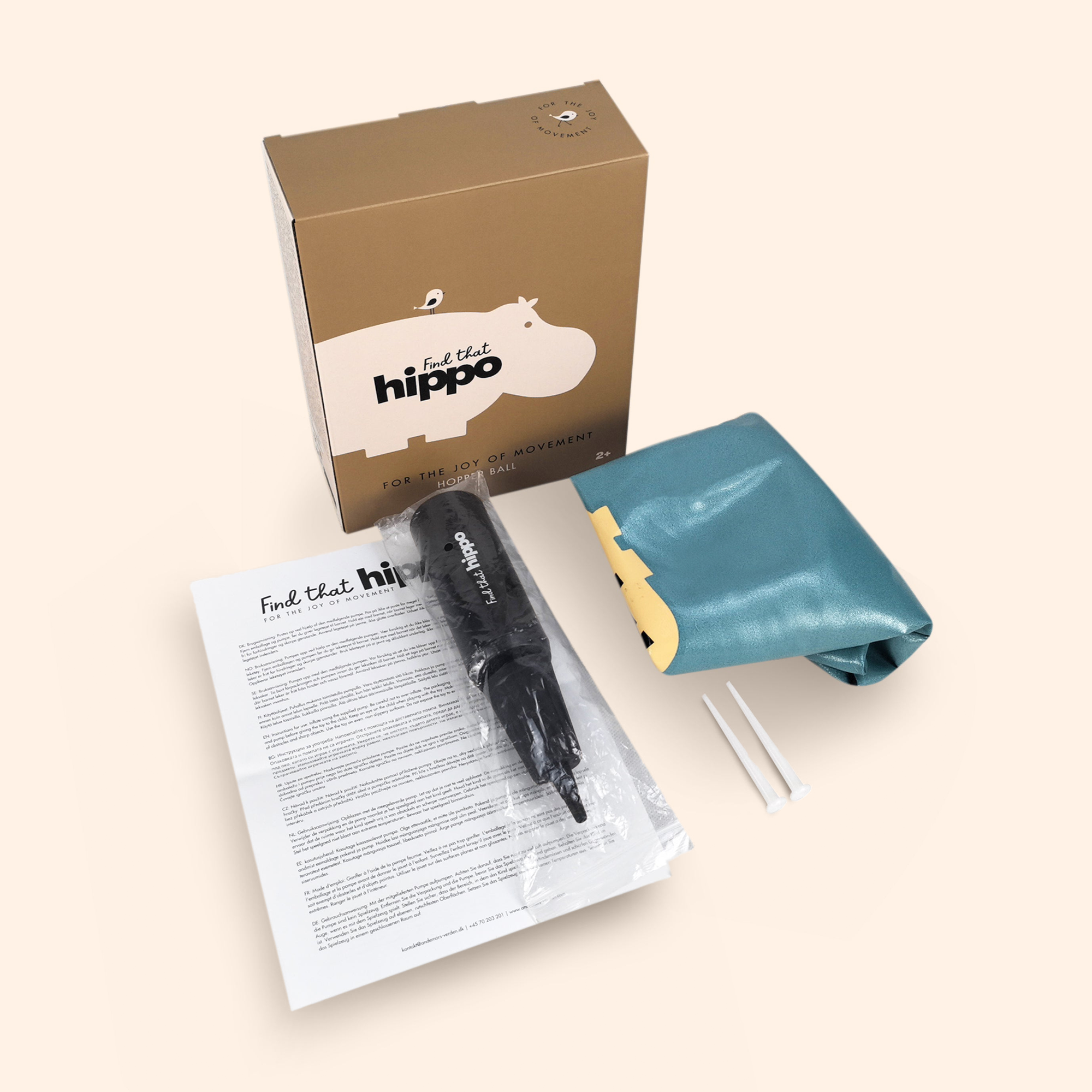 Product packaging of petrol blue Hippo hop ball with branded box, instructions, and pump – Find That Hippo