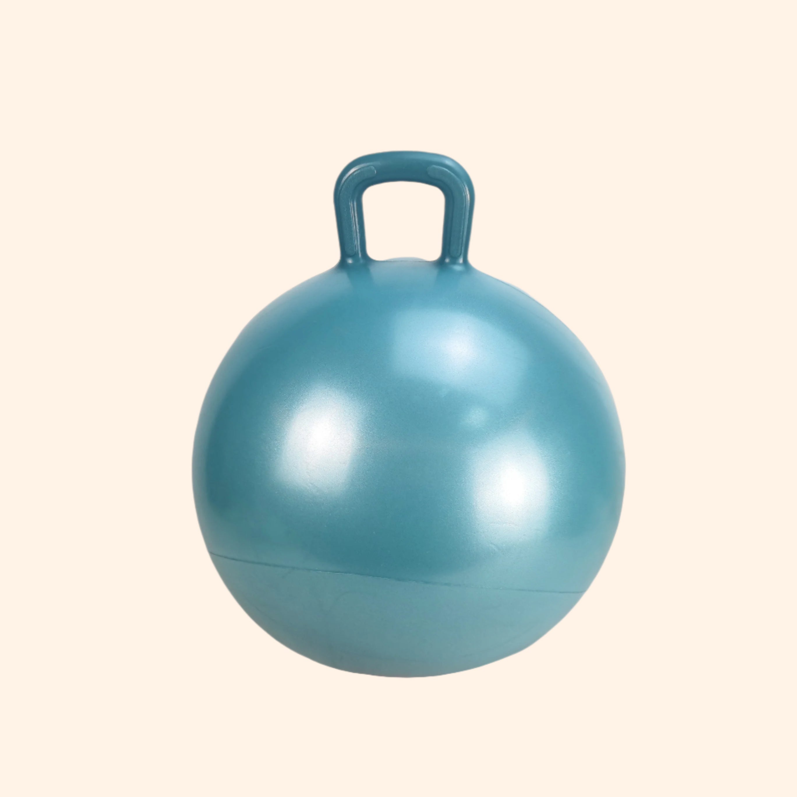 Side angle view of petrol blue jumping ball with smooth finish and handle – Find That Hippo
