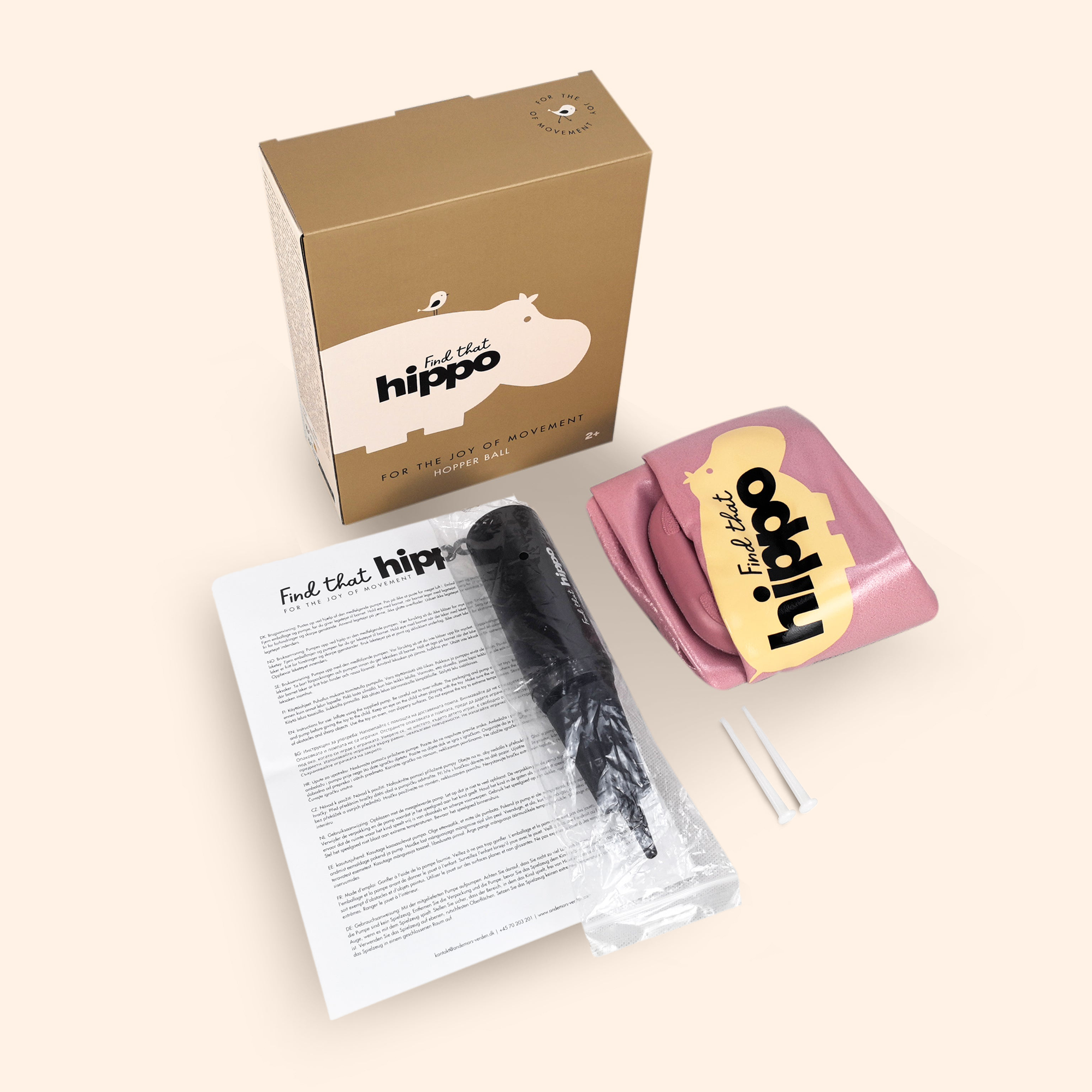 Product packaging of dusty pink Hippo hop ball with branded box and pump – Find That Hippo
