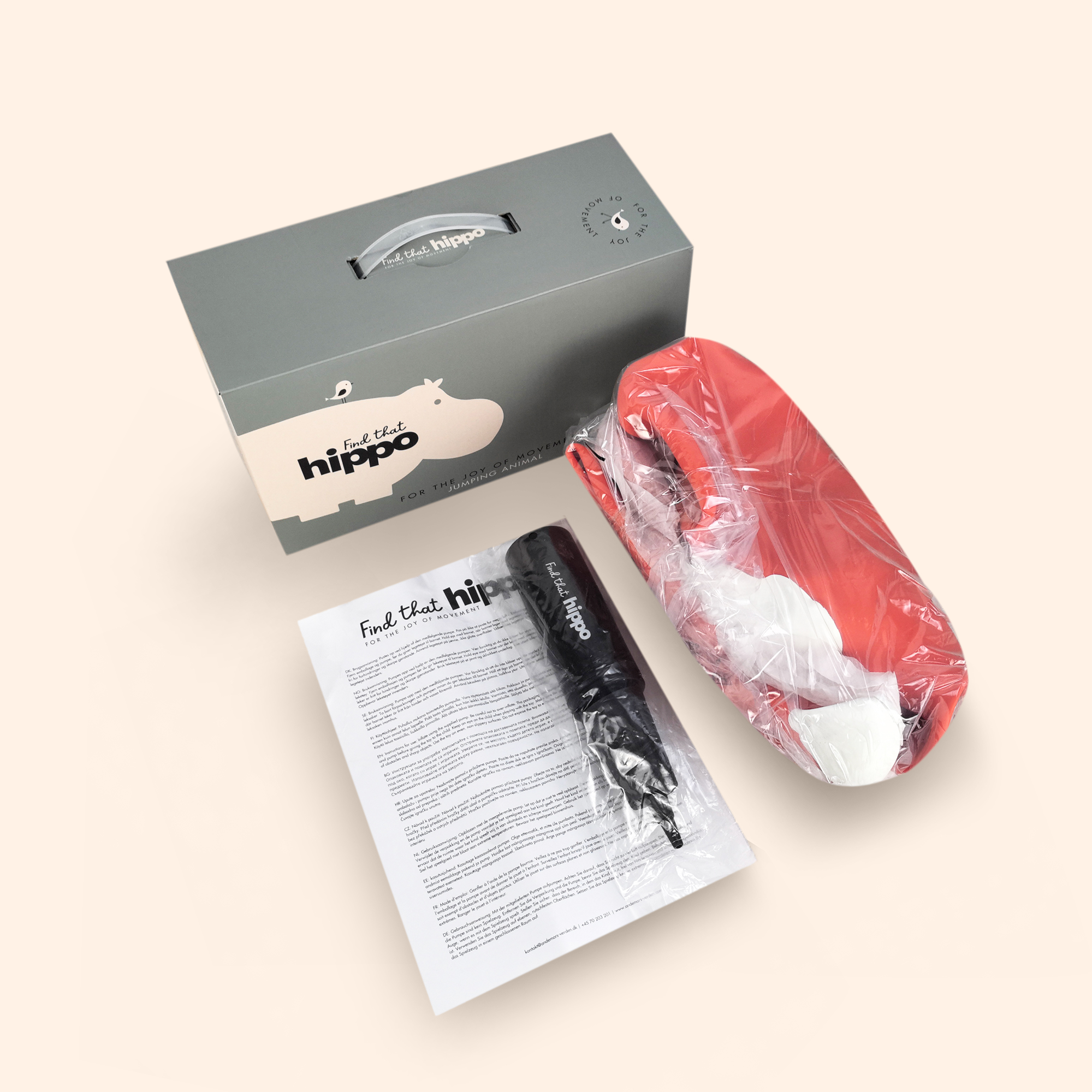 Lela bouncing fox toy packaging with air pump and instruction sheet – Find That Hipp