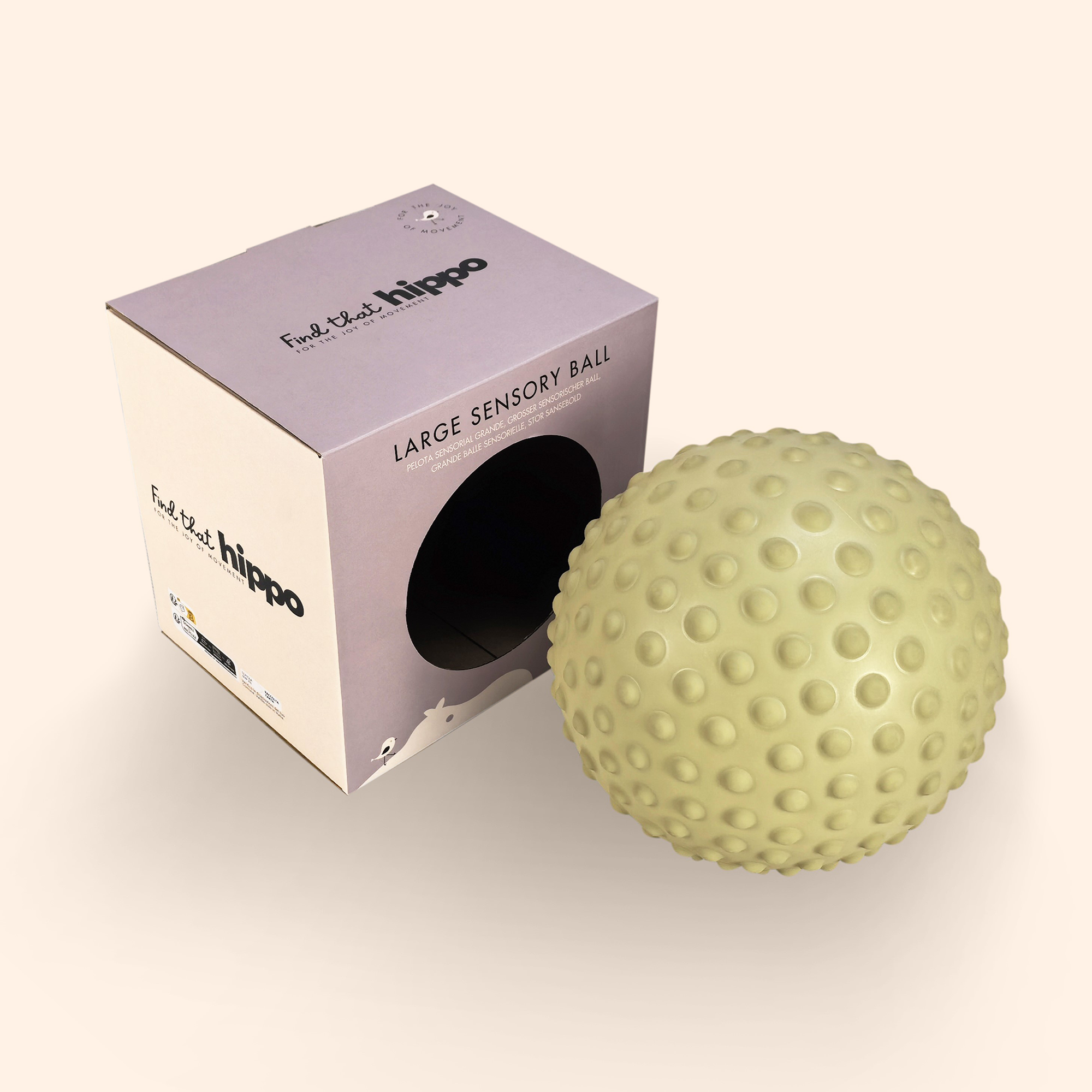 Dusty green sensory ball next to product box and packaging – Find That Hippo