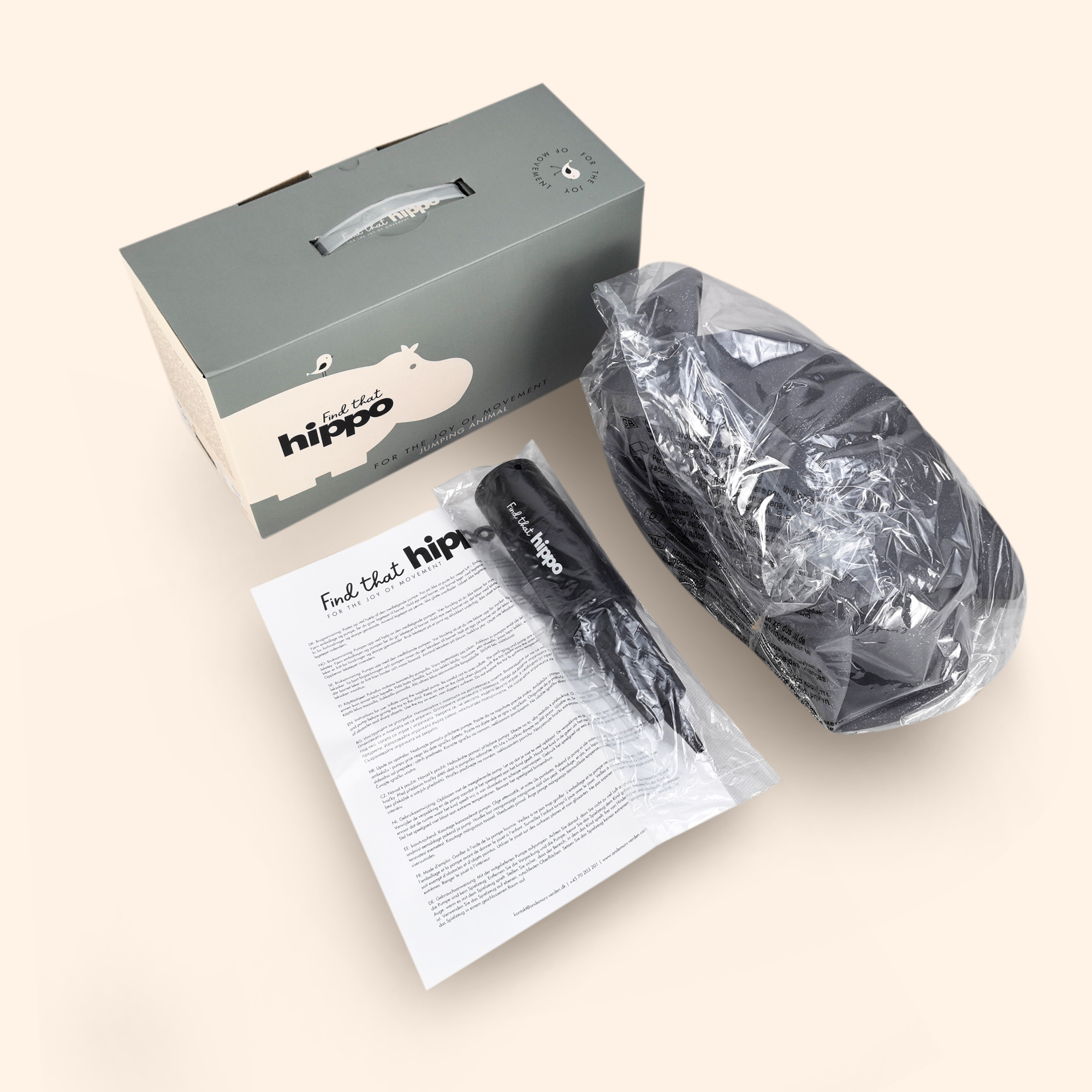 Product set for Thumper bouncing bunny toy including pump and branded packaging – Find That Hippo